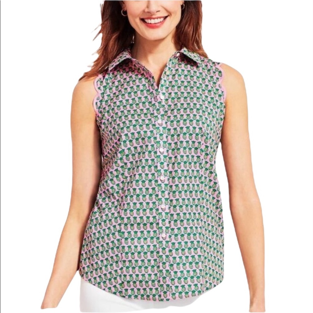 New TALBOTS Pineapple Print Scalloped Trim  Blouse Pink Green Sleeveless Sz 8P